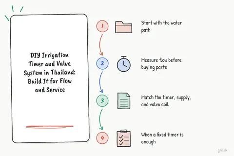 Illustrated infographic summarizing: DIY Irrigation Timer and Valve System in Thailand: Build It for Flow and Service