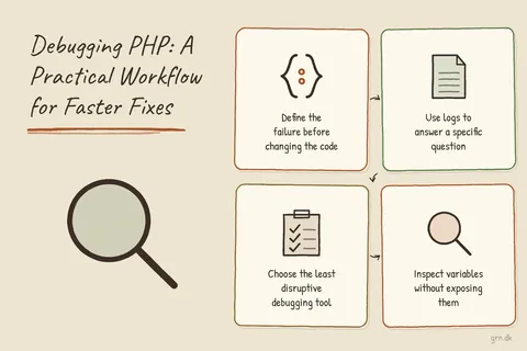 Illustrated infographic summarizing: Debugging PHP: A Practical Workflow for Faster Fixes