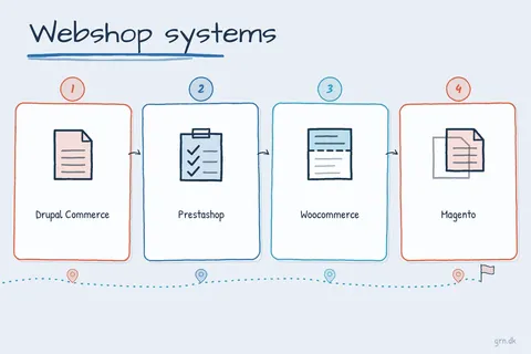 Illustrated infographic summarizing: Webshop systems