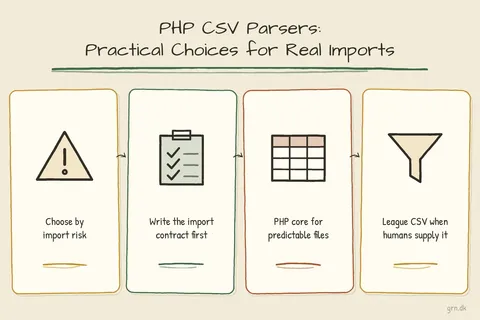 Illustrated infographic summarizing: PHP CSV Parsers: Practical Choices for Real-World Imports