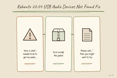 Illustrated infographic summarizing: Kubuntu 20.04 USB Audio Devices Not Found Fix
