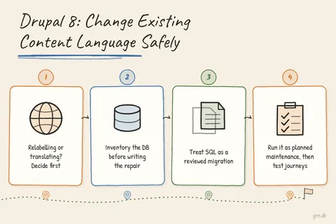 Illustrated infographic summarizing: Drupal 8: How to Change Existing Content Language Safely