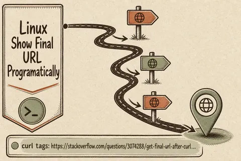 Illustrated infographic summarizing: Linux Show Final URL Programatically