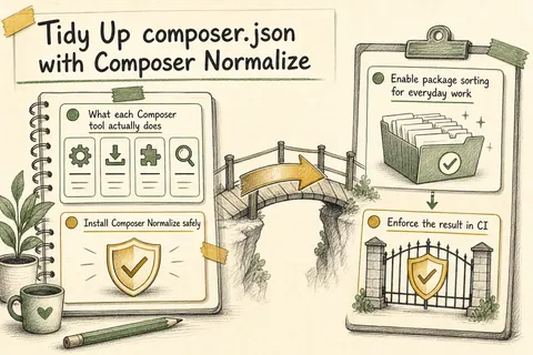Illustrated infographic summarizing: Tidy Up composer.json with Composer Normalize