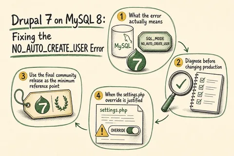 Illustrated infographic summarizing: Drupal 7 on MySQL 8: Fixing the NO_AUTO_CREATE_USER Error