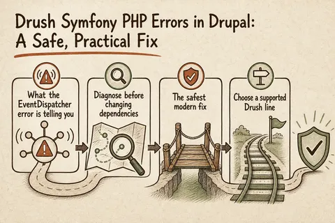Illustrated infographic summarizing: Drush Symfony PHP Errors in Drupal: A Safe, Practical Fix