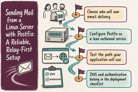 Illustrated infographic summarizing: Sending Mail from a Linux Server with Postfix: A Reliable, Relay-First Setup