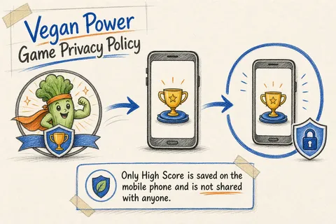 Illustrated infographic summarizing: Vegan Power Game Privacy Policy