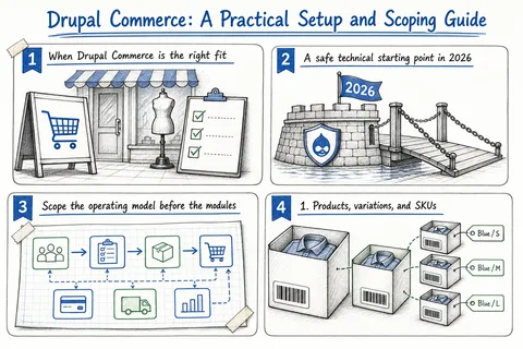 Illustrated infographic summarizing: Drupal Commerce: A Practical Setup and Scoping Guide