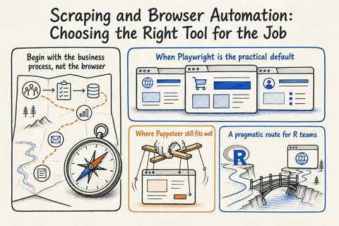 Illustrated infographic summarizing: Scraping and Browser Automation: Choosing the Right Tool for the Job
