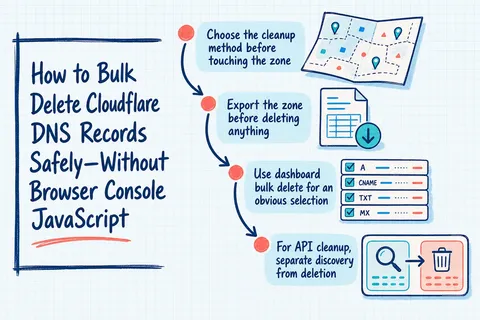 Illustrated infographic summarizing: How to Bulk Delete Cloudflare DNS Records Safely—Without Browser Console JavaScript