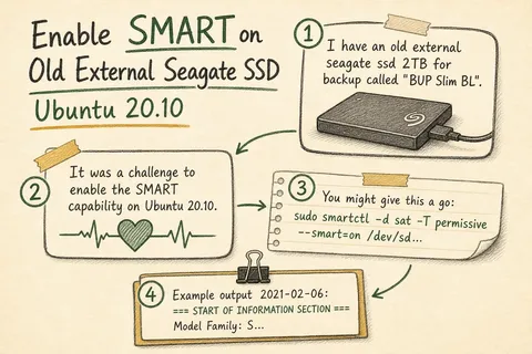 Illustrated infographic summarizing: Enable SMART on Old External Seagate SSD Ubuntu 20.10