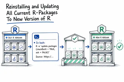 Illustrated infographic summarizing: Reinstalling and Updating All Current R-Packages To New Version of R