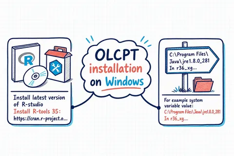 Illustrated infographic summarizing: OLCPT installation on Windows
