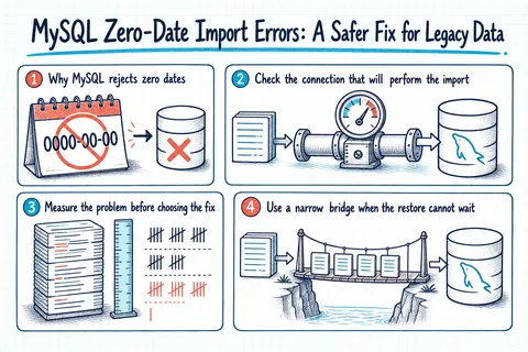 Illustrated infographic summarizing: MySQL Zero-Date Import Errors: A Safer Fix for Legacy Data