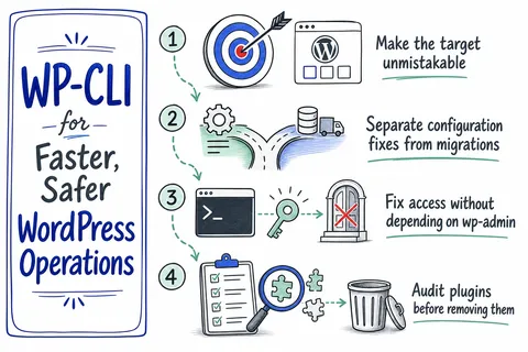 Illustrated infographic summarizing: WP-CLI for Faster, Safer WordPress Operations