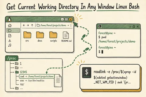 Illustrated infographic summarizing: Get Current Working Directory In Any Window Linux Bash