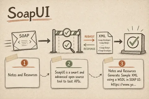 Illustrated infographic summarizing: SoapUI