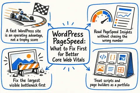 Illustrated infographic summarizing: WordPress PageSpeed: What to Fix First for Better Core Web Vitals