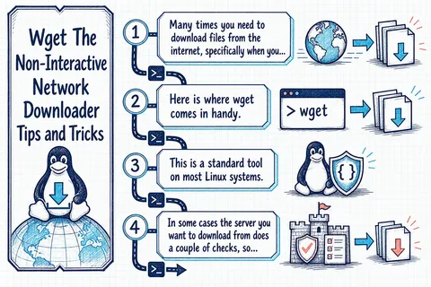 Illustrated infographic summarizing: Wget The Non-Interactive Network Downloader Tips and Tricks