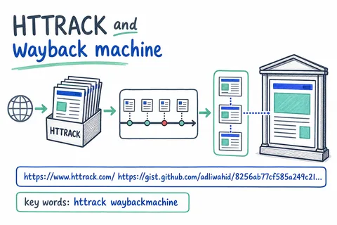Illustrated infographic summarizing: HTTRACK and wayback machine