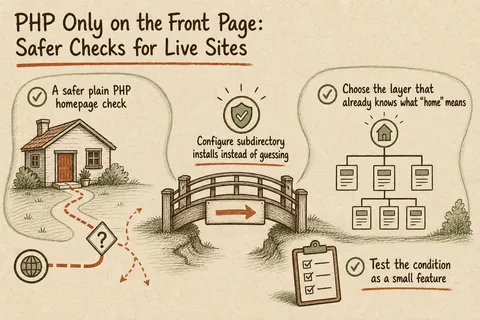 Illustrated infographic summarizing: PHP Only on the Front Page: Safer Checks for Live Sites