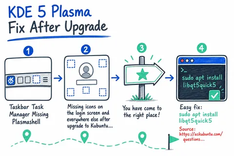 Illustrated infographic summarizing: KDE 5 Plasma Fix After Upgrade