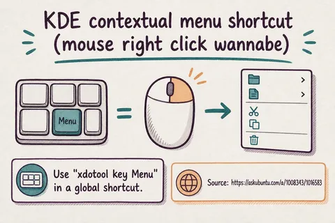 Illustrated infographic summarizing: KDE contextual menu shortcut (mouse right click wannabe)