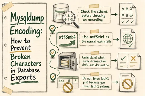 Illustrated infographic summarizing: Mysqldump Encoding: How to Prevent Broken Characters in Database Exports