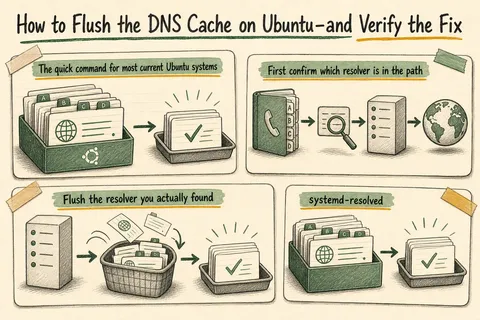 Illustrated infographic summarizing: How to Flush the DNS Cache on Ubuntu—and Verify the Fix