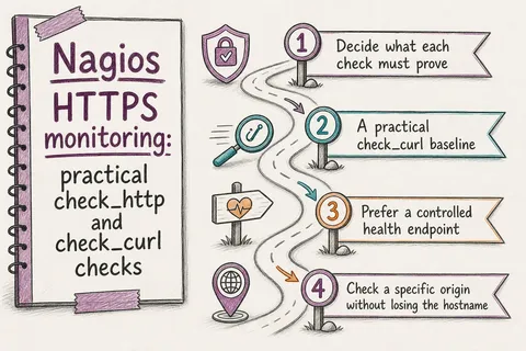Illustrated infographic summarizing: Nagios HTTPS monitoring: practical check_http and check_curl checks