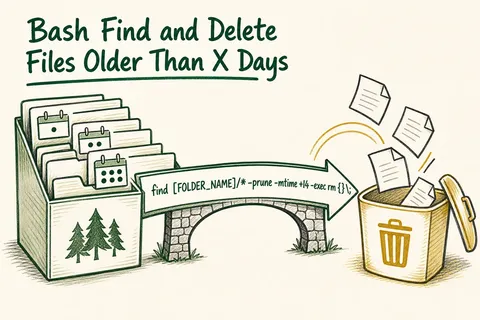 Illustrated infographic summarizing: Bash Find and Delete Files Older Than X Days