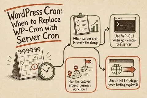 Illustrated infographic summarizing: WordPress Cron: When to Replace WP-Cron with Server Cron