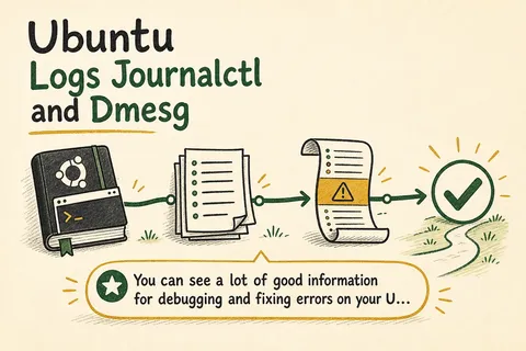 Illustrated infographic summarizing: Ubuntu Logs Journalctl and Dmesg