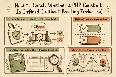 Illustrated infographic summarizing: How to Check Whether a PHP Constant Is Defined (Without Breaking Production)
