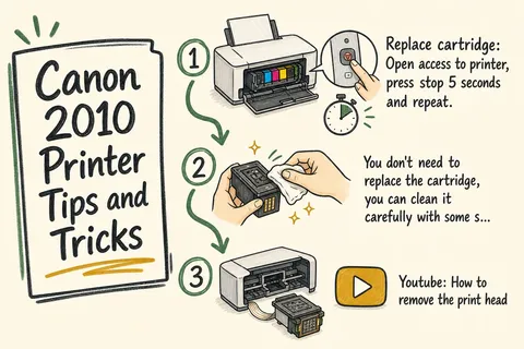 Illustrated infographic summarizing: Canon 2010 Printer Tips and Tricks