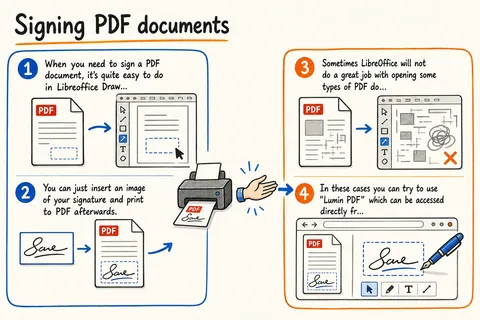Illustrated infographic summarizing: Signing PDF documents