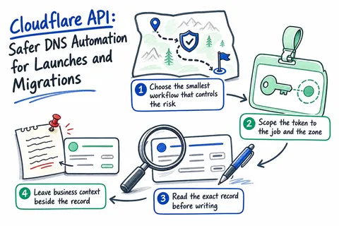 Illustrated infographic summarizing: Cloudflare API: Safer DNS Automation for Launches and Migrations