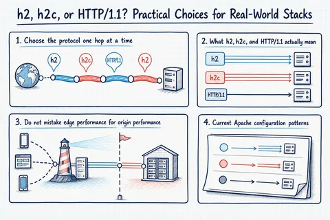 Illustrated infographic summarizing: h2, h2c, or HTTP/1.1? Practical Choices for Real-World Stacks