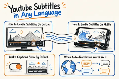 Illustrated infographic summarizing: Youtube Subtitles in Any Language