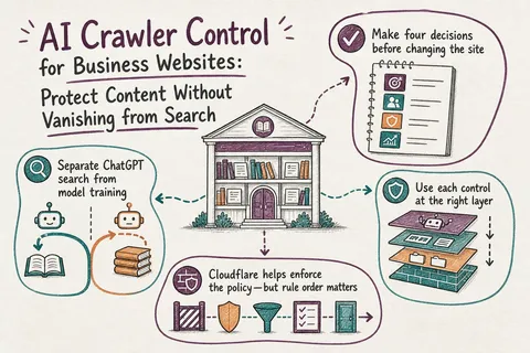 Illustrated infographic summarizing: AI Crawler Control for Business Websites: Protect Content Without Vanishing from Search