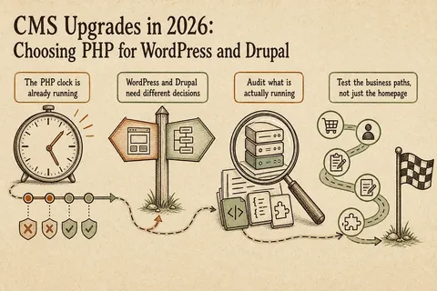 Illustrated infographic summarizing: CMS Upgrades in 2026: Choosing PHP for WordPress and Drupal