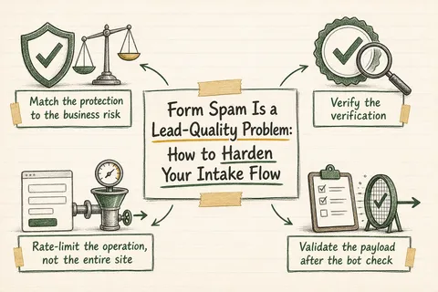 Illustrated infographic summarizing: Form Spam Is a Lead-Quality Problem: How to Harden Your Intake Flow