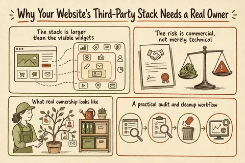 Illustrated infographic summarizing: Why Your Website’s Third-Party Stack Needs a Real Owner