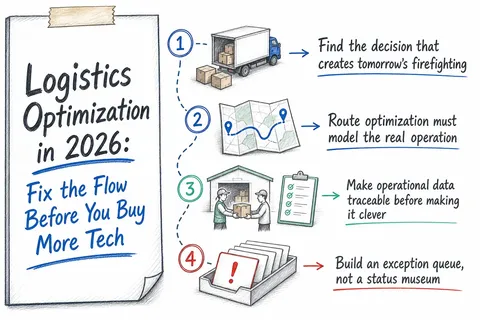 Illustrated infographic summarizing: Logistics Optimization in 2026: Fix the Flow Before You Buy More Tech