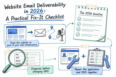 Illustrated infographic summarizing: Website Email Deliverability in 2026: A Practical Fix-It Checklist