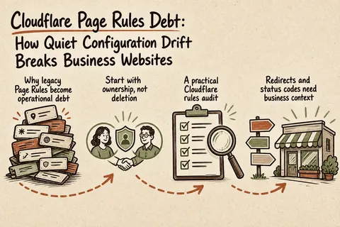 Illustrated infographic summarizing: Cloudflare Page Rules Debt: How Quiet Configuration Drift Breaks Business Websites