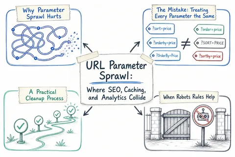 Illustrated infographic summarizing: URL Parameter Sprawl: Where SEO, Caching, and Analytics Collide