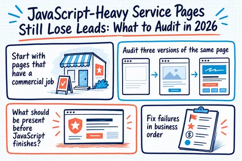 Illustrated infographic summarizing: JavaScript-Heavy Service Pages Still Lose Leads: What to Audit in 2026