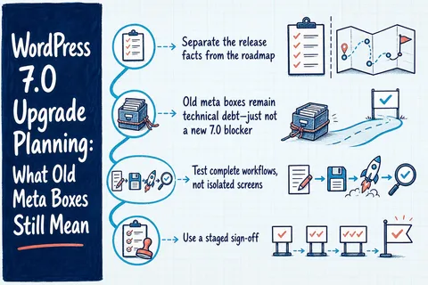 Illustrated infographic summarizing: WordPress 7.0 Upgrade Planning: What Old Meta Boxes Still Mean